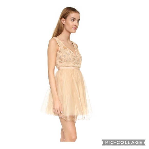 Free People Deja Vu Beaded Embroidered Rose Gold Tulle Mini Dress Size 10 - Picture 2 of 16